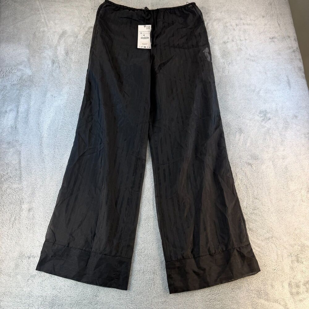 ZARA Women's Medium Black Sheer Stripe Wide Leg Cover Up Pants NWT